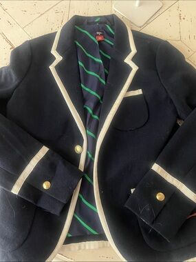 Rowing Blazers Navy and Cream Blazer with Green-Striped Lining size 6
